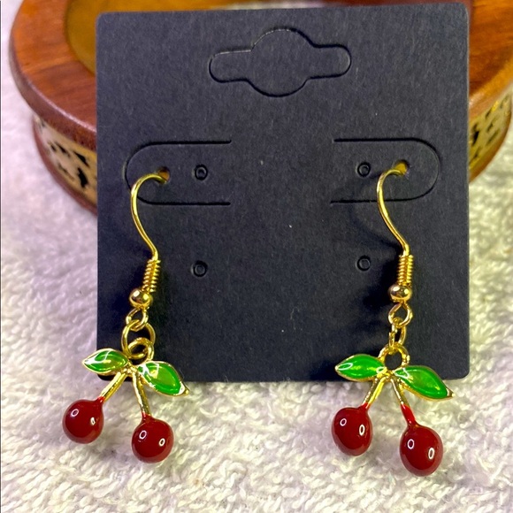 Cherry Drop Earrings in Red and Gold Fish Hooks - Picture 1 of 5